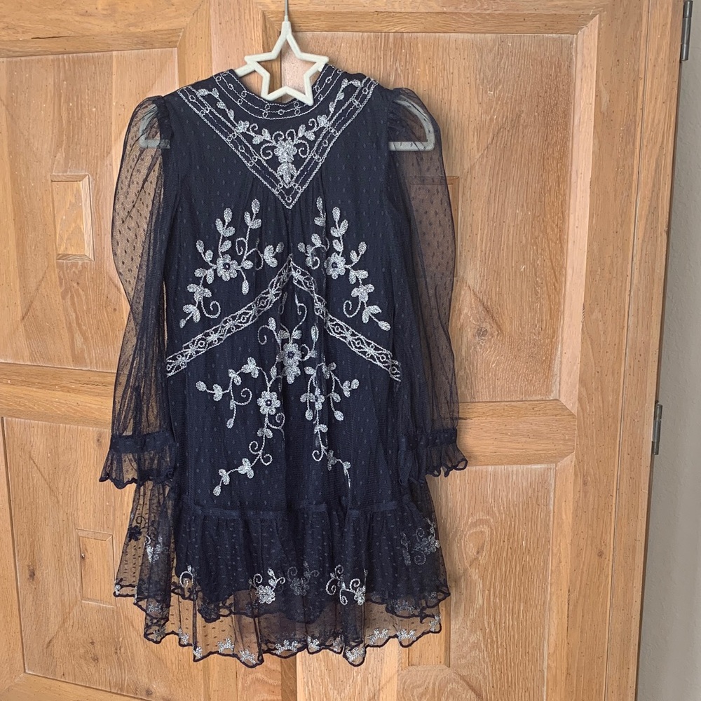 Elegant Blue Dress with White Floral Embroidery